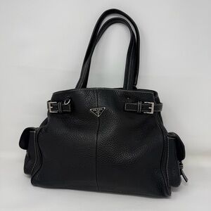 AUTHENTIC Prada Vitello Daino Leather Shoulder Tote - Black & White Stitch